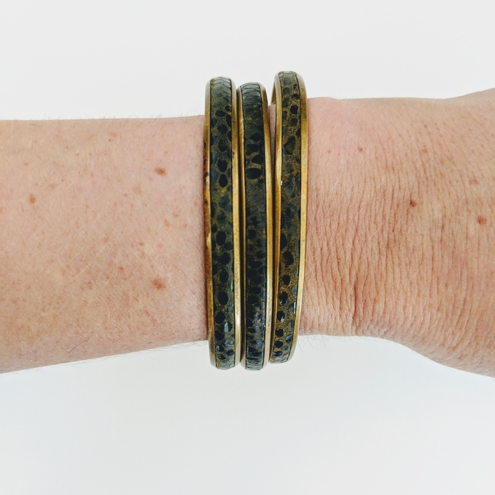 3 Brass and Green Snake Skin Bangles